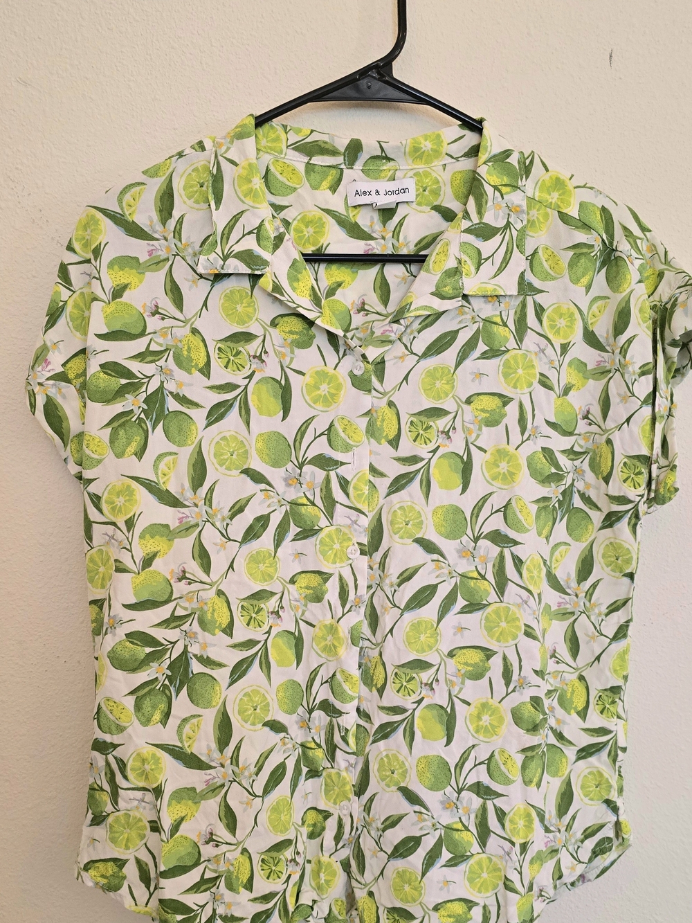 White Lime-Print Short Sleeve Button-Down Shirt
